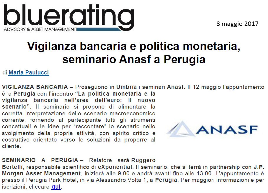 Vigilanza bancaria e politica monetaria, seminario Anasf a Perugia