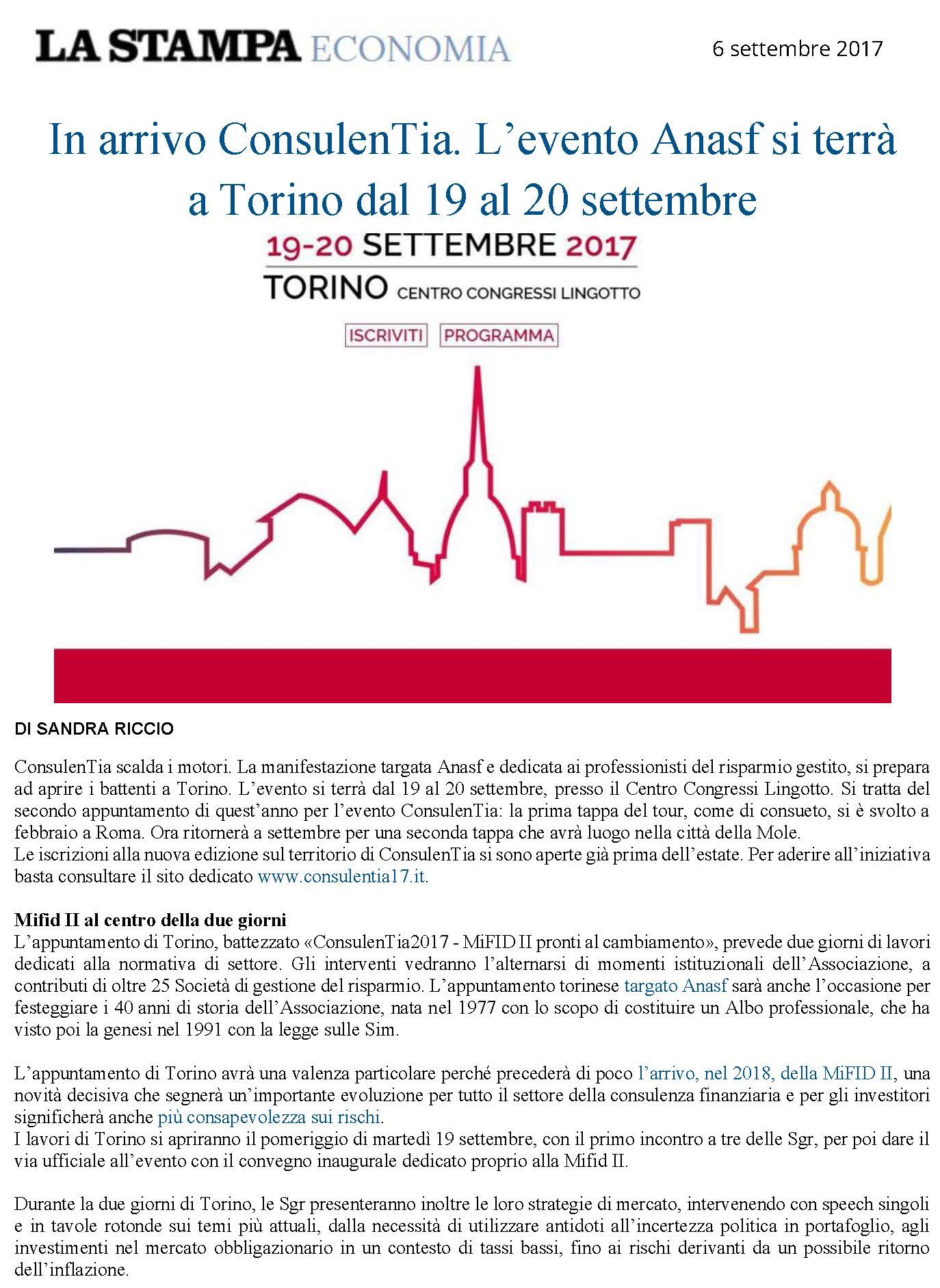 In arrivo ConsulenTia. L’evento Anasf si terrà a Torino dal 19 al 20 settembre