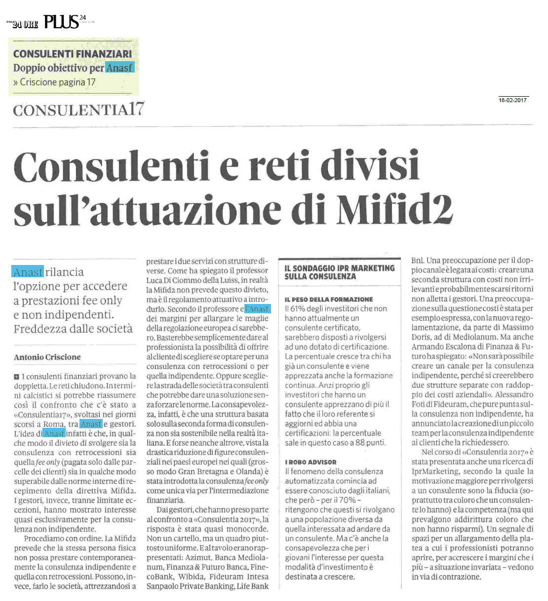 Consulenti e reti divisi sull'attuazione di MiFID 2