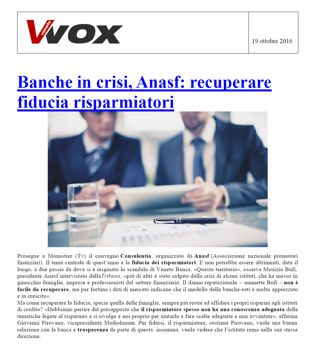 Banche in crisi, Anasf:recuperare fiducia risparmiatori