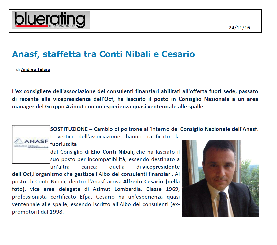 Anasf, staffetta tra Conti Nibali e Cesario