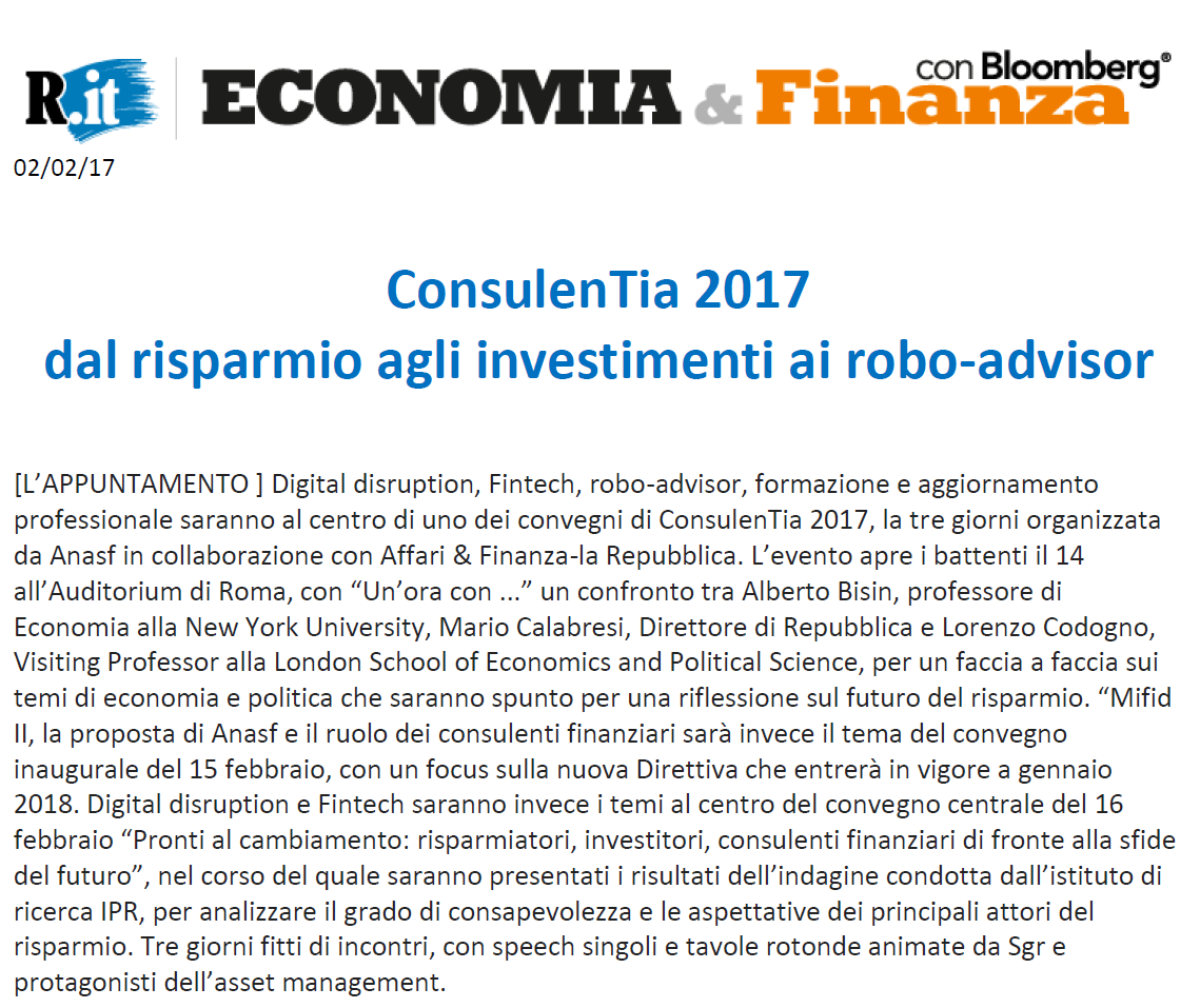 ConsulenTia 2017 dal risparmio agli investimenti ai robo-advisor