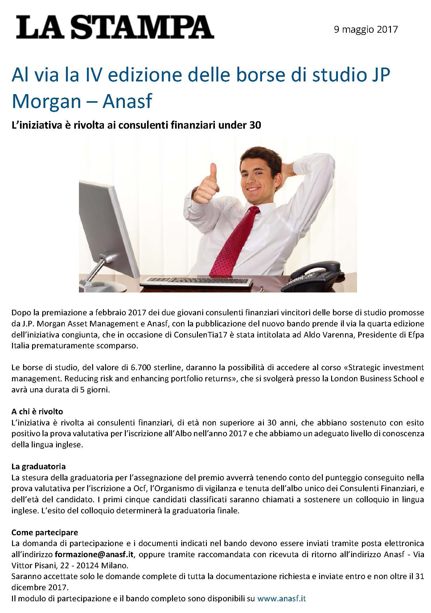 Al via la IV edizione delle borse di studio JP Morgan - Anasf