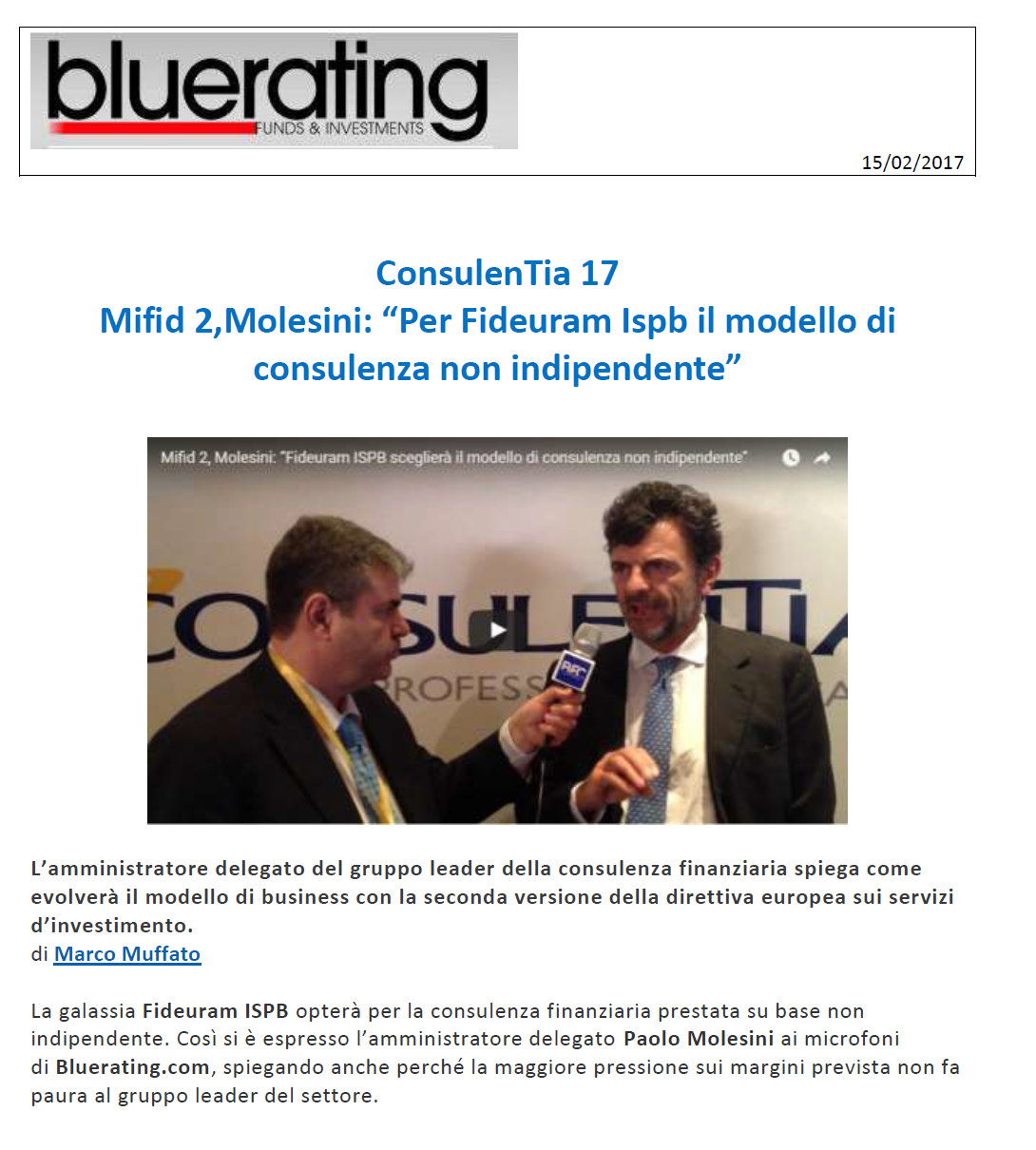 ConsulenTia17, Mifid 2 “Per Fideuram Ispb il modello di consulenza non indipendente”