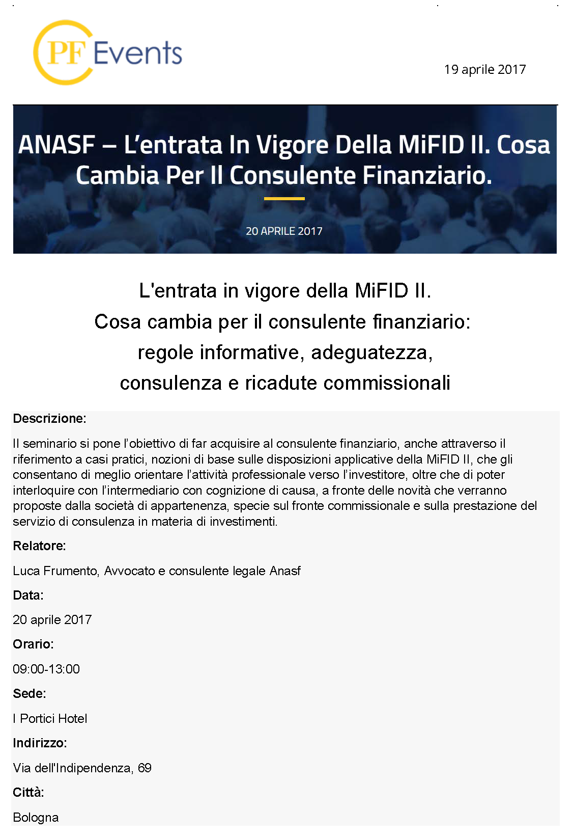 ANASF - L'entrata in vigore della MiFID II. Cosa cambia per il consulente finanziario
