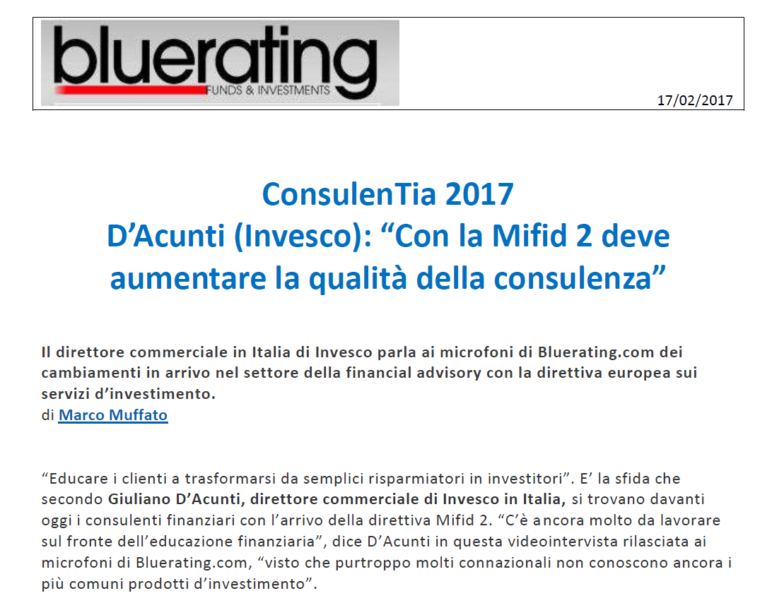 ConsulenTia2017, Invesco: “con la Mifid 2 deve aumentare la qualità della consulenza”