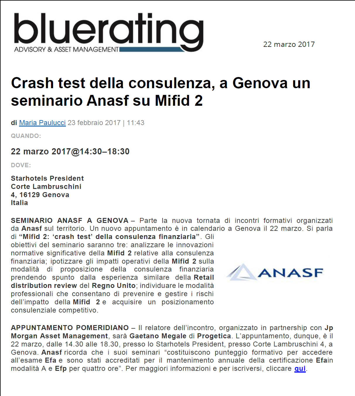 Crash test della consulenza, a Genova un seminario Anasf su Mifid 2