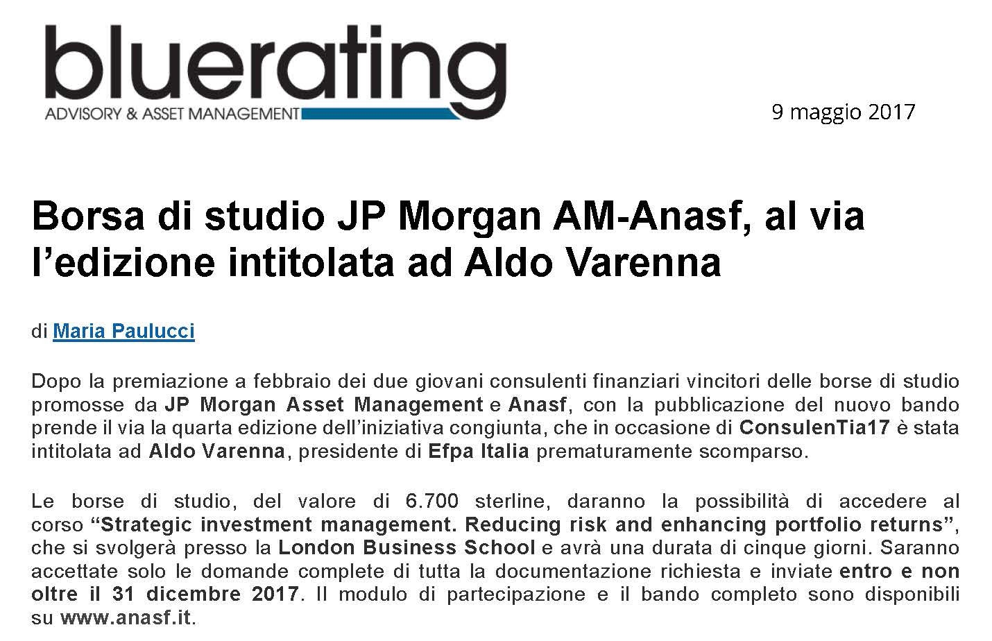 Borsa di studio JP Morgan AM-Anasf, al via l'edizione intitolata ad Aldo Varenna