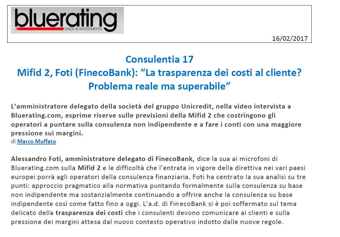 Consulentia17 - Mifid 2: Foti (FinecoBank): “La trasparenza dei costi al cliente?